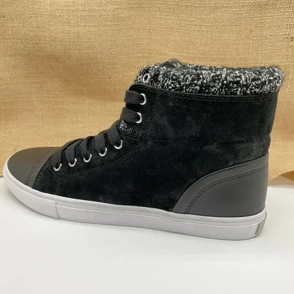 Isaac Mizrahi Sky Black Suede Soho Lily Knit Trim Lace Up Hi Top Sneakers 9 M - Picture 11 of 11